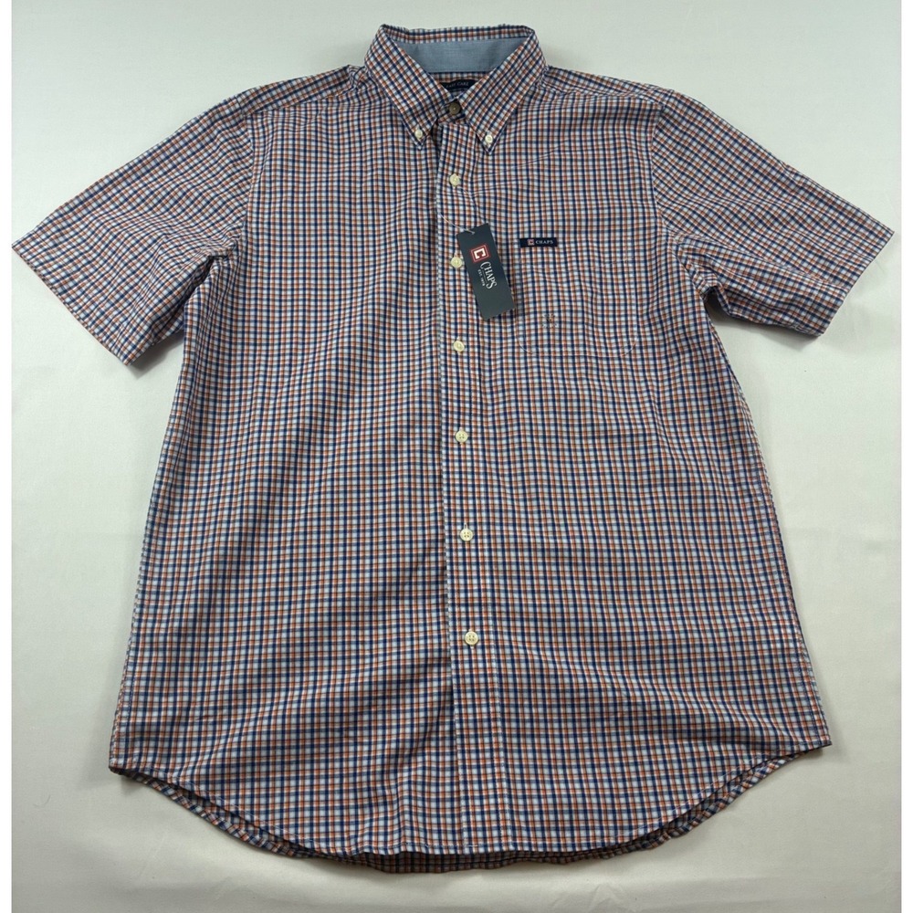Chaps Button Down Shirt Mens Medium Orange Blue Plaid NWT Short Sleeve Easy Care